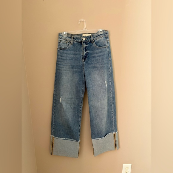 Risen Chic Light Blue Wide Leg Jeans with chuffed bottoms w/ light distress 9/29 - Picture 5 of 10